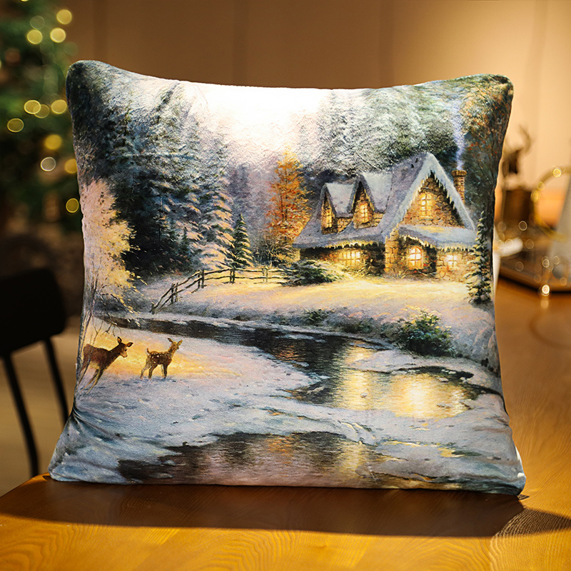 Light-up Christmas Pillow Square Christmas Scene Sofa Pillow Plush - Image 2